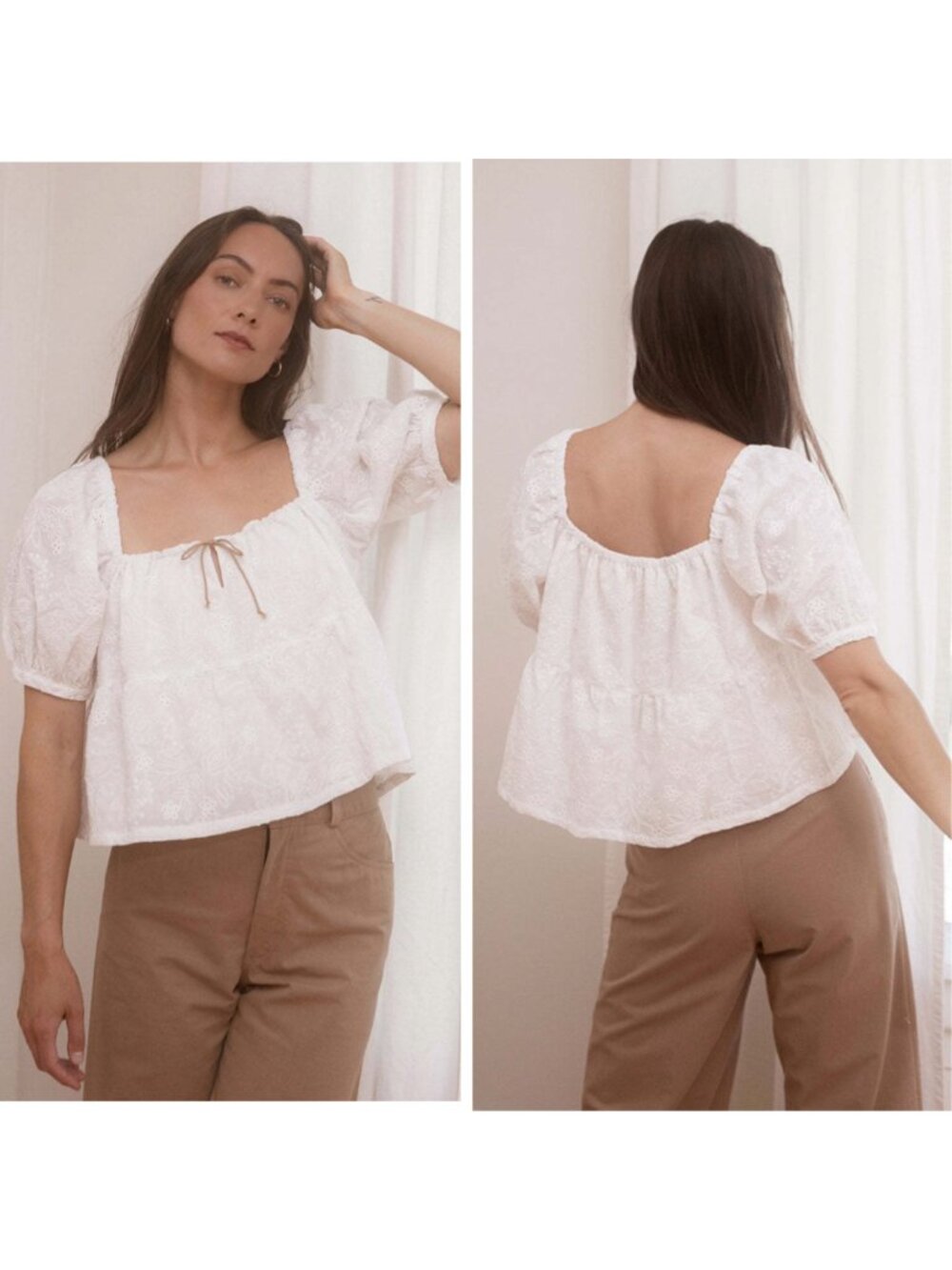 Harly Jae Prairie bloise White Embroidered Square-Neck Puff Sleeve Blouse 100%